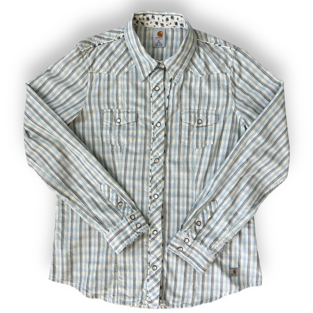 Carhartt Western Pearl Snap Plaid Floral Trim Button Down Shirt